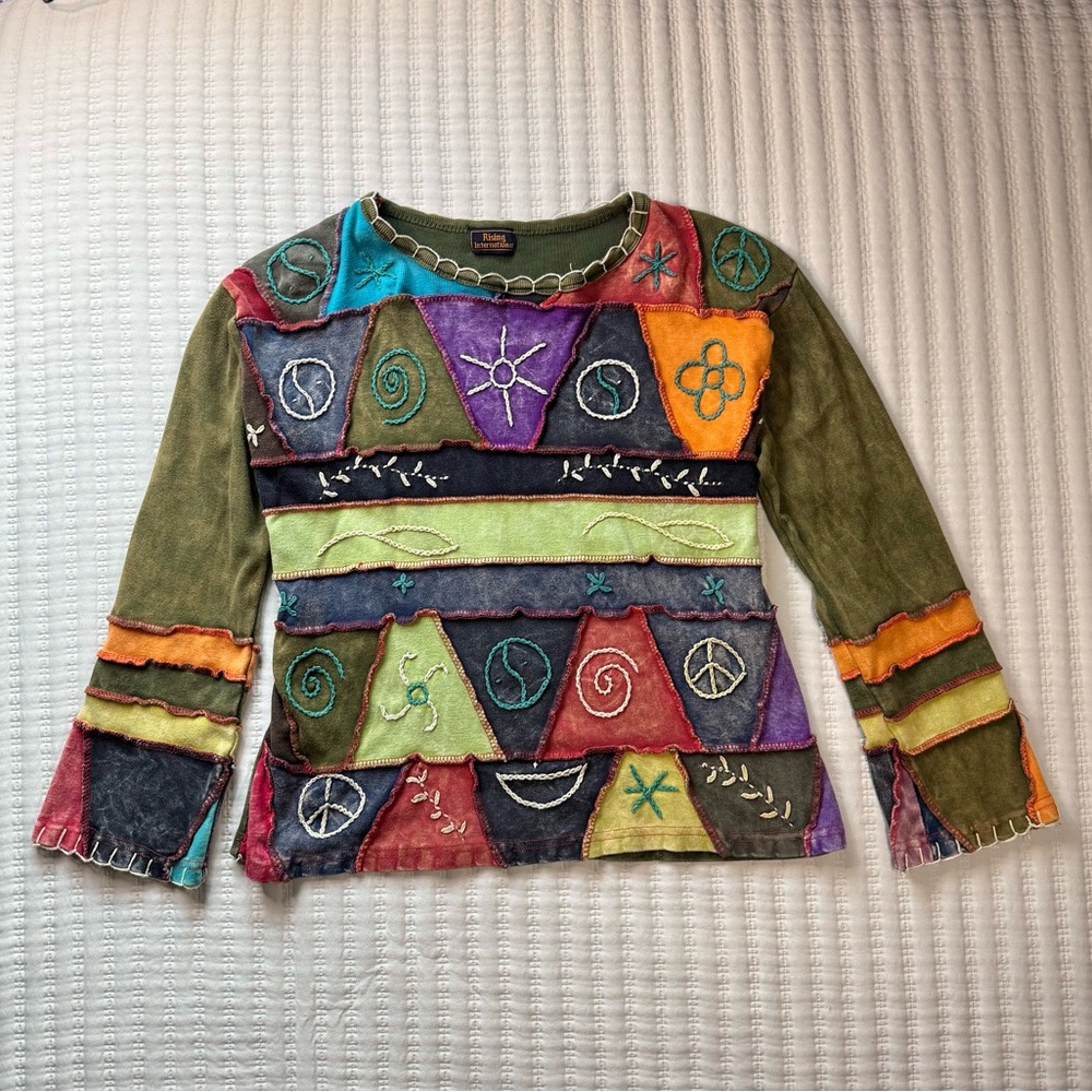Rising International Multicolor Knit Embroidered Patchwork Long Sleeve Tee
